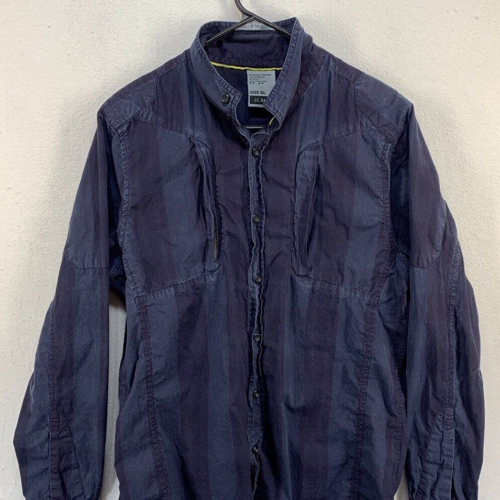 J.C. Rags Mens XL Button Up Shirt Long Sleeve Dark Blue Striped Stand Collar